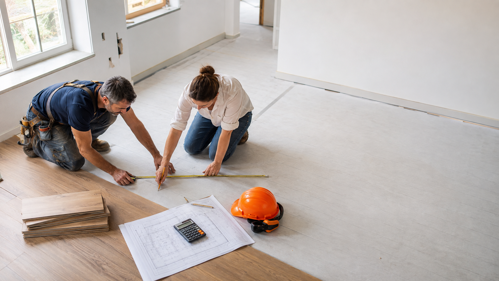 A contractor and homeowner measuring a room renovation together